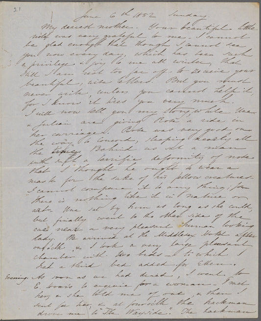 Peabody, Elizabeth [Palmer], mother, ALS to. Jun. 6, 1852.