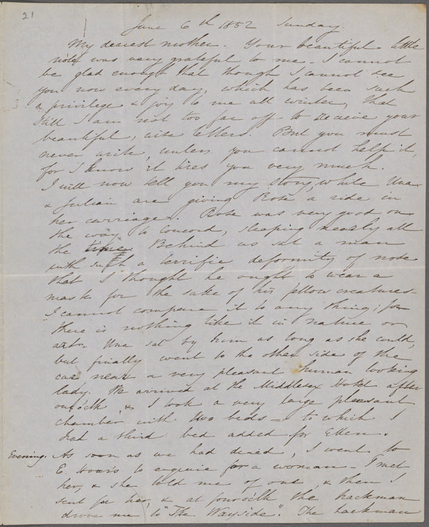 Peabody, Elizabeth [Palmer], mother, ALS to. Jun. 6, 1852.