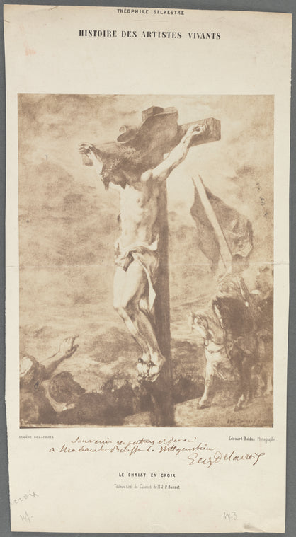 Delacroix, Ferdinand Victor Eugene (French painter) - 1 autograph inscription and signature on reproduction of "Le Christ en Croix"