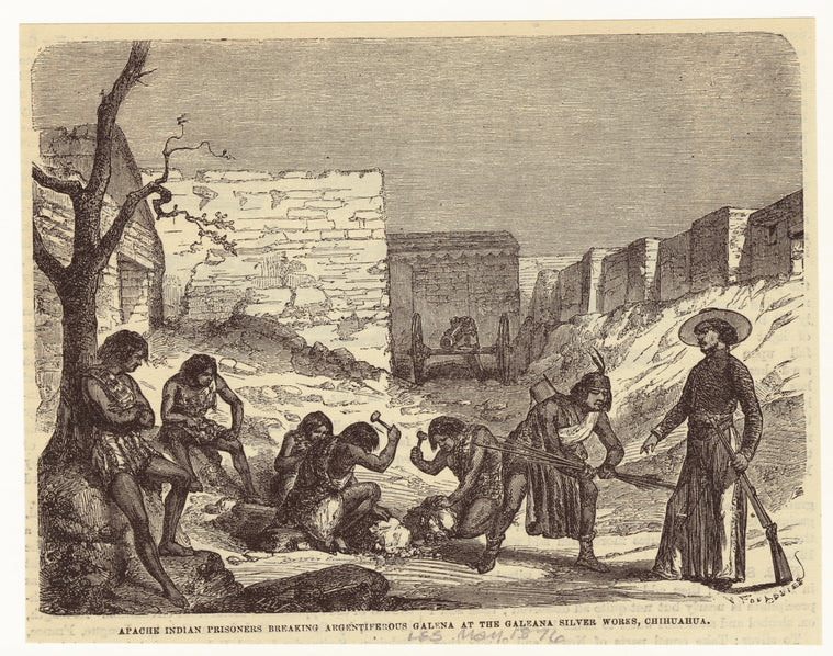 Apache Indian prisoners breaking Argentiferous galena at the Galeana Silver Works, Chihuahua