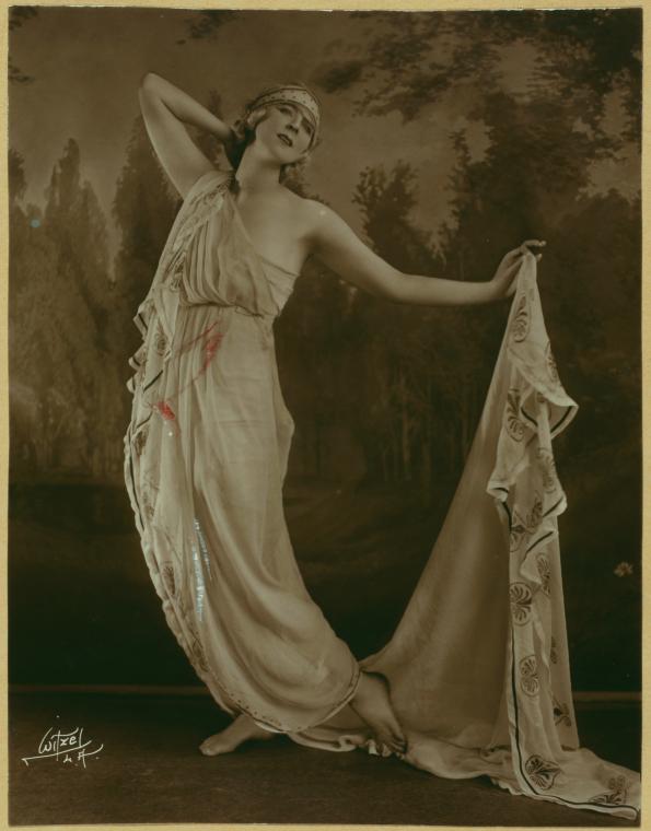 Ruth St Denis in The Greek Veil Plastique.  Used in Vaudeville act.