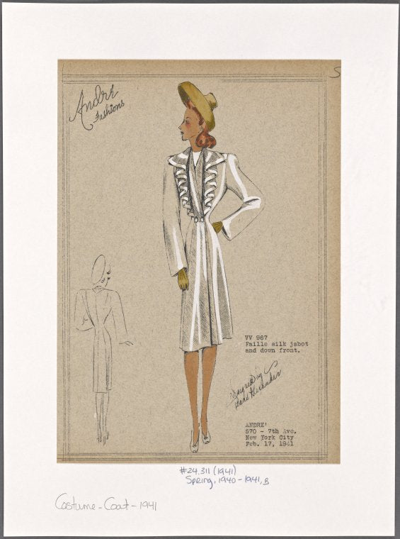 Fitted coat with faille jabot and front panel.