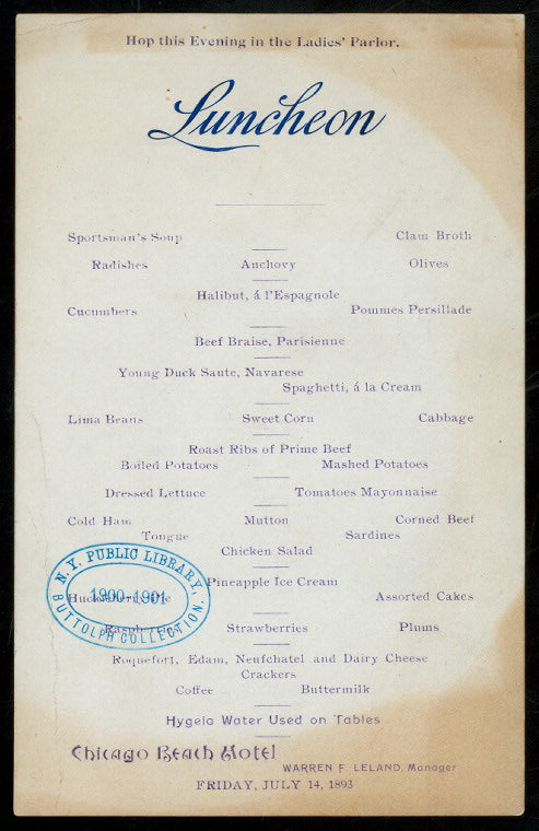 LUNCH [held by] CHICAGO BEACH HOTEL [at] [CHICAGO IL?] (HOTEL;)