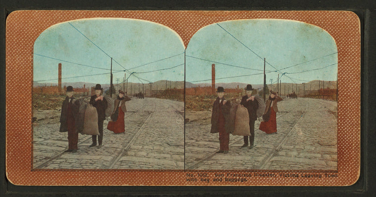 San Francisco disaster, victims leaving town with bag and baggage.