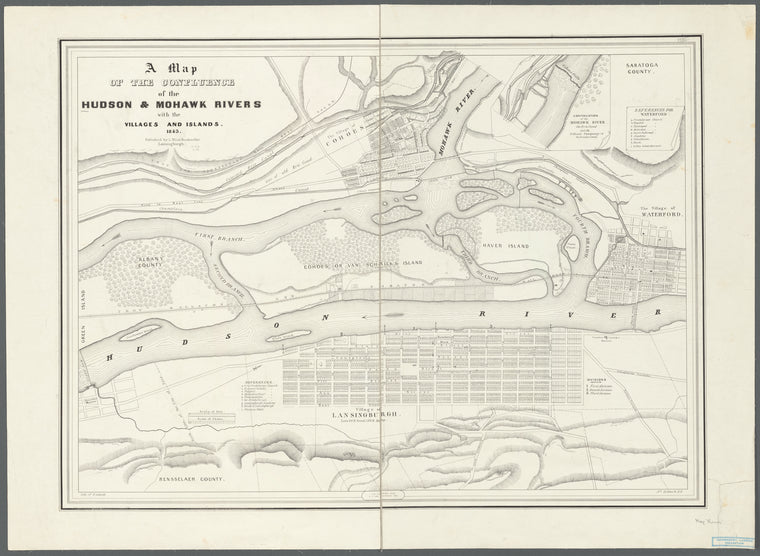 A map of the confluence of the Hudson & Mohawk Rivers with the villages and islands