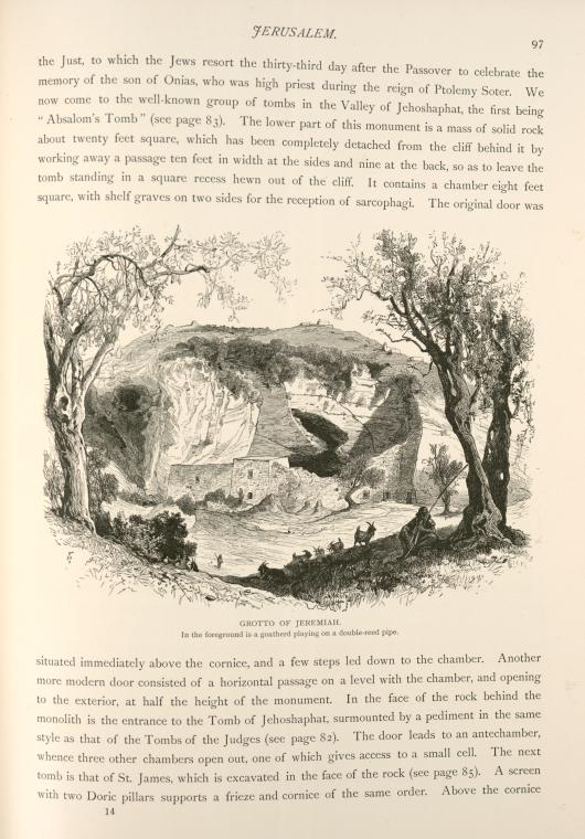 Grotto of Jeremiah.  In the foreground is a goatherd playing on a double-reed pipe