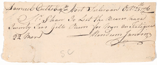 Mendum Janvrin at Fort Sullivan to Samuel Cutts. Order for rum for men on fatigue