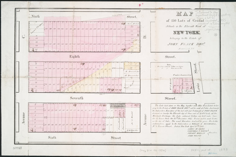 Map of 150 lots of ground situate in the eleventh ward of New York belonging to the estate of John Flack, decd.
