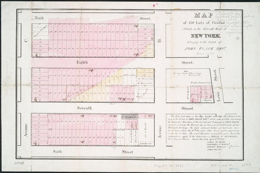 Map of 150 lots of ground situate in the eleventh ward of New York belonging to the estate of John Flack, decd.