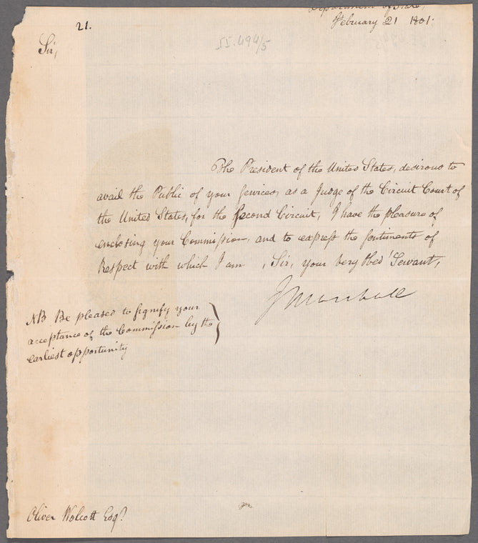 John Marshall to Oliver Wolcott, Department of State