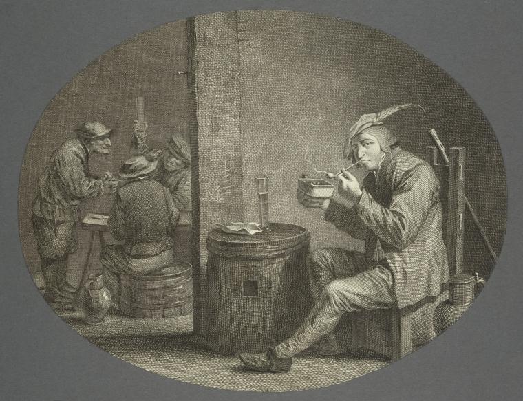 Man smoking, 3 other men in background