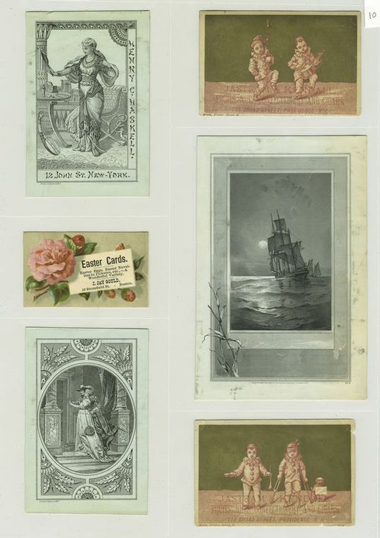 Trade cards depicting sailboats, flowers, a woman looking in a mirror, jesters on crutches, pounding on a pan with spoons, a woman and man.