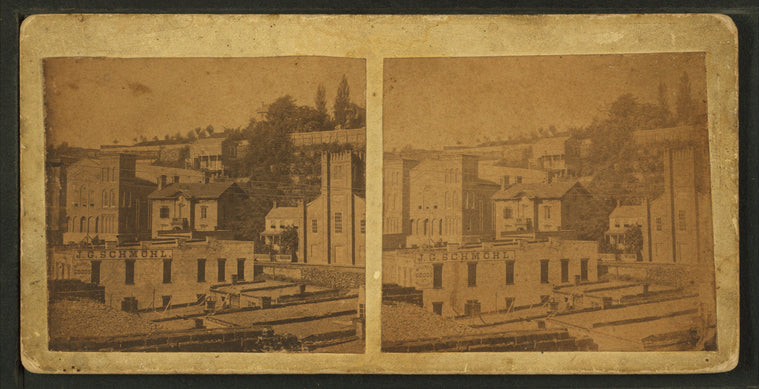 View over some roof tops of Galena buildings and churches.