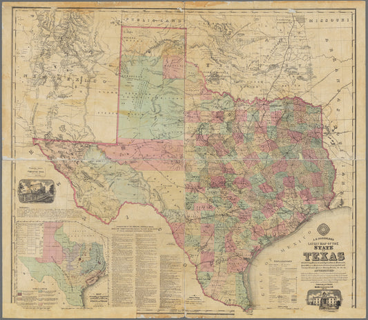 A.R. Roessler's latest map of the state of Texas: exhibiting mineral and agricultural districts, post offices & mailroutes [sic], railroads projected and finished, timber, prairie, swamp lands, etc. etc. etc.