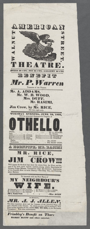 Broadside advertising Walnut Street Theatre (Philadelphia) production of Othello by William Shakespeare