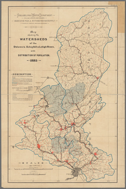 Surveys for a future water supply : Map showing the watersheds of the Delaware, Schuylkill, & Lehigh Rivers, with distribution of population