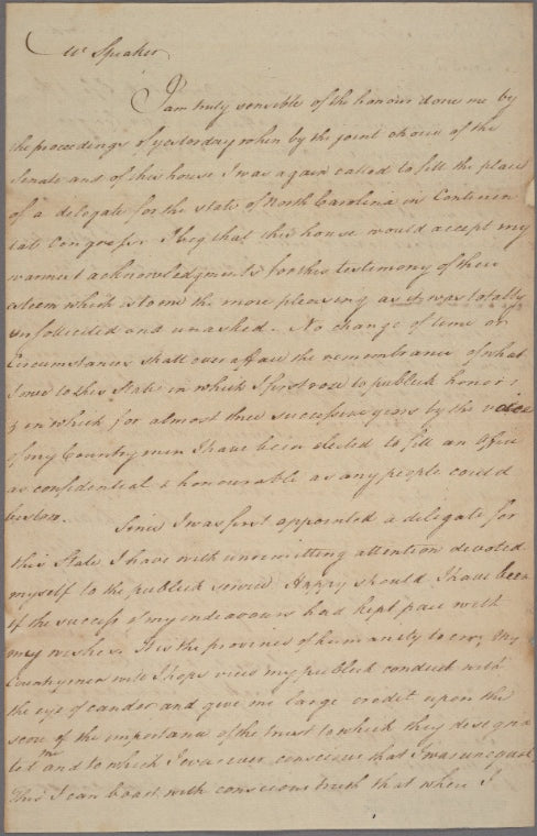 Letter to the Speaker [of the House of Representatives of North Carolina]