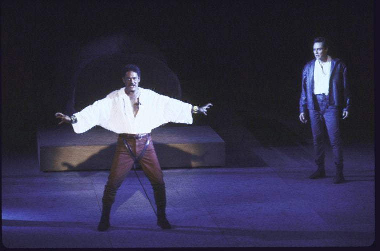 Actors (L-R) Raul Julia & Christopher Walken in a scene fr. the New York Shakespeare Festival production of the play "Othello" at the Delacorte Theater in Central Park. (New York)