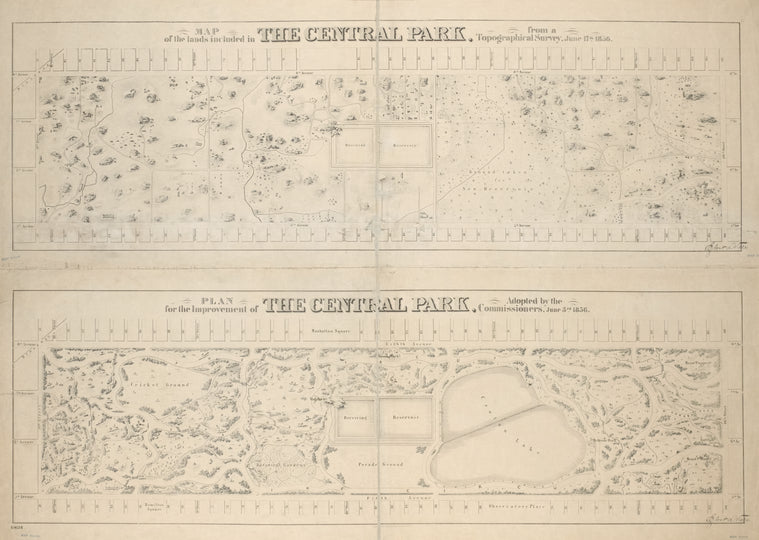 Map of the lands included in the Central Park, from a topographical survey, June 17th, 1856; [Also:] Plan for the improvement of the Central Park, adopted by the Commissioners, June 3rd, 1856.