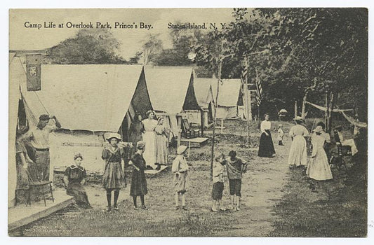 Camp Life at Overlook Park, Prince's(sic) Bay. Staten Island, N.Y. [people in old- fashioned garb standing and walking in front of tents.]