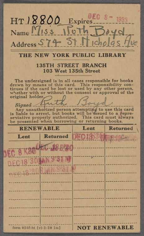 Ruth Boyd's 135th Street Branch library card
