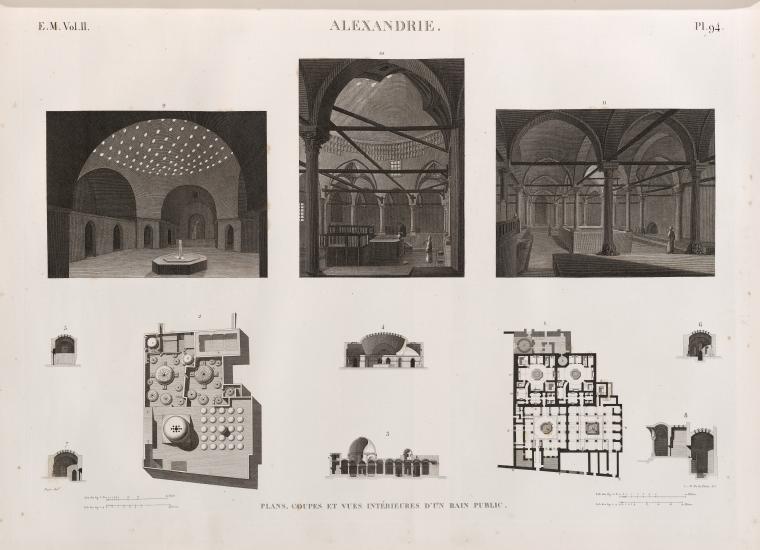 Alexandrie [Alexandria]. Plans, coupes et vues intérieures d'un bain public.