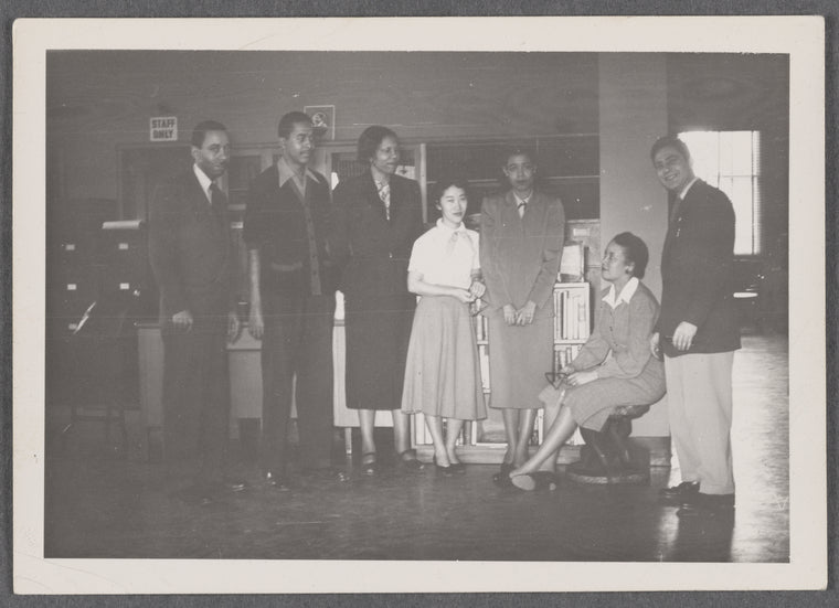 Schomburg Staff: Ernest Kaiser, Davis Thompson, Cora Eubanks, Sumiye Konoshima, Doris E. Hill, Jean Blackwell and Jacobowitz - student at Columbia