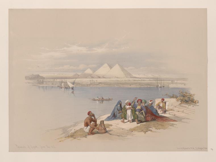 Pyramids of Gezeeh [Giza], from the Nile.
