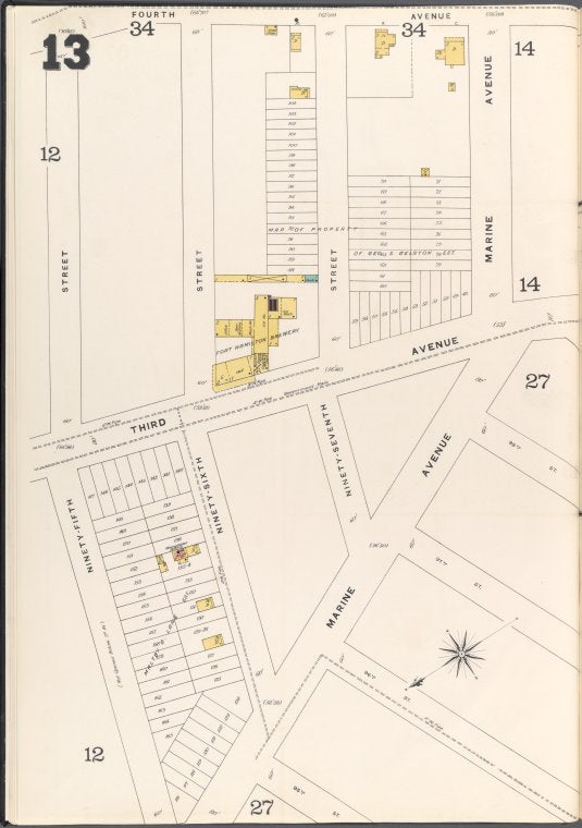 Brooklyn Vol. A Plate No. 13 [Map bounded by 95th St., 96th St., 97th St.; Including Marine Ave., 3rd Ave., 4thAve.]