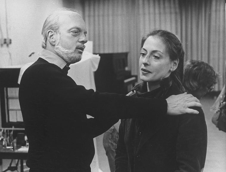 Director Harold Prince working with actress Patti LuPone during a rehearsal of the Broadway production of the musical "Evita".