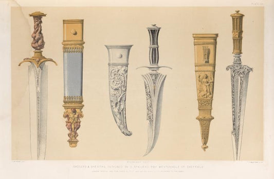 Daggers & sheaths designed by A. Stevens for Westenholz of Sheffield.