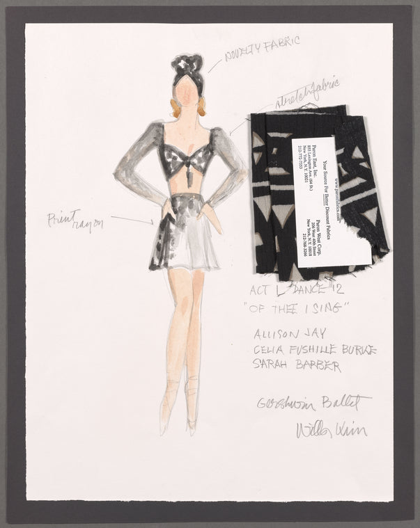 Dancin' With Gershwin: Costume sketch and fabric swatches for Act I, Dance 12 "Of Thee I Sing" (Allison Jay, Celia Fusille Burke, Sarah Barber)