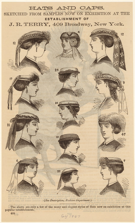 Hats and caps, sketched from samples now on exhibition at the establishment of J. R. Terry, 409 Broadway, New York