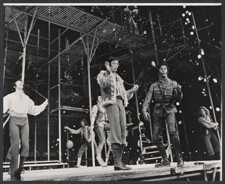 Raul Julia, Clifton Davis and ensemble in the stage production Two Gentlemen of Verona