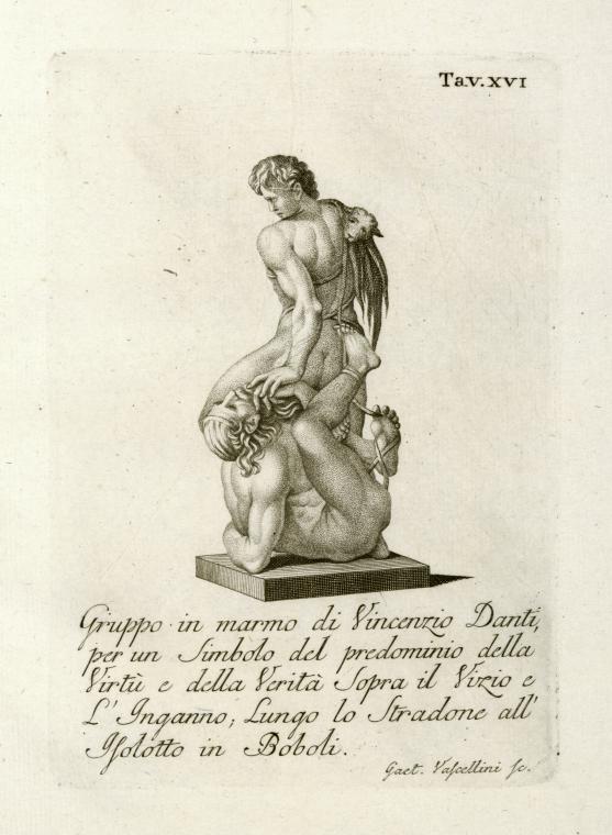 Gruppo in marmo di Vincenzio Danti, per un Simbolo del predominio della Virtu e della Verita Sopra il Vizio e L'Inganno; Lungo lo Stradone all'Isolotto in Boboli.
