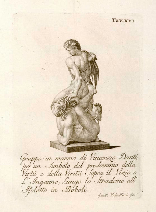 Gruppo in marmo di Vincenzio Danti, per un Simbolo del predominio della Virtu e della Verita Sopra il Vizio e L'Inganno; Lungo lo Stradone all'Isolotto in Boboli.
