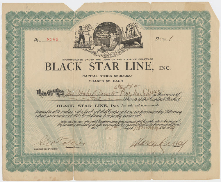Stock certificate for one share (five dollars) of the Black Star Line, Inc.