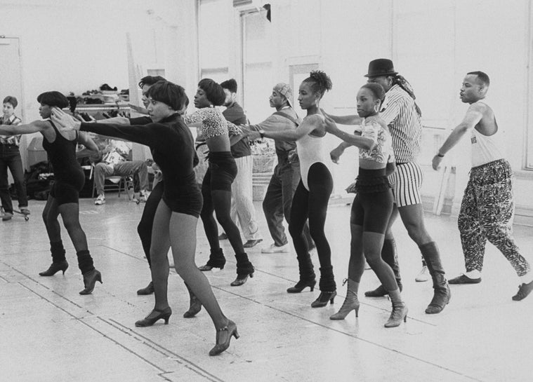 Cast rehearsing a scene from the Broadway production of the musical "Jelly's Last Jam".