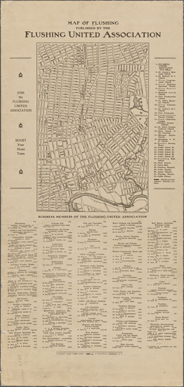 Map of Flushing published by the Flushing United Association. List of references to public buildings.
