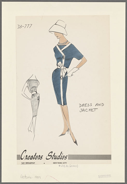Dress and jacket: sleeveless dress with contrast trim at armscye and on skirt and contrast belt with bow; side button closure on skirt; short dolman-sleeve jacket with contrast V neckline and side button closure