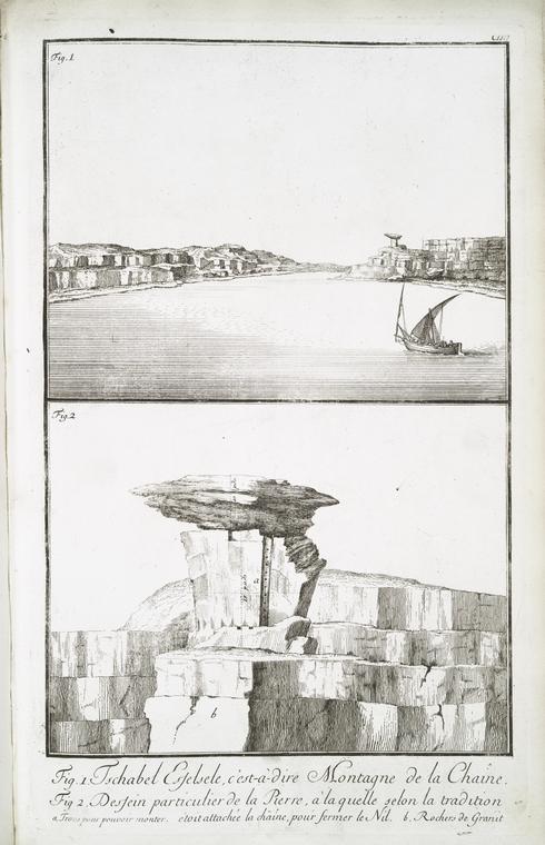 Fig. 1. Tschabel Esselsele, c'est-à-dire Montagne de la Chaîne; Fig. 2. Dessein particulier de la pierre, à la quelle selon la tradition étoit attachée la chaîne, pour fermer le Nil. (a. Trous pour pouvoir monter, b. Rochers de granit.)