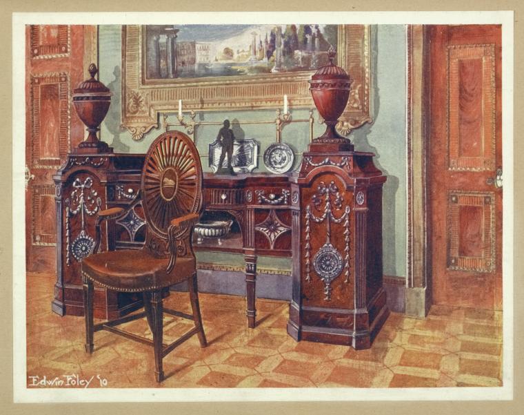 Carved mahogany pedestal sideboard. Property of W. Walters, Esq., Baltimore, U.S.A., ca. 1780. Oval wheel-back master's chair. Property of the worshipful Company of Drapers, London.