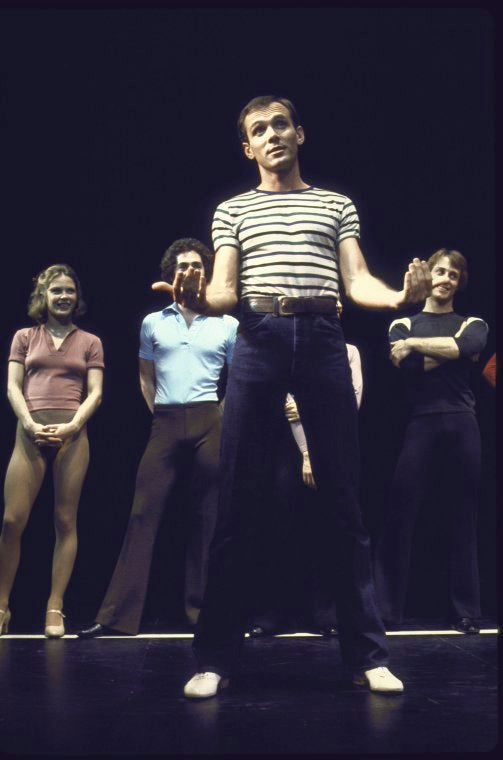 Actor Ronald Young (C) w. cast members in a scene fr. the Toronto/London productions of the musical "A Chorus Line." (Toronto)