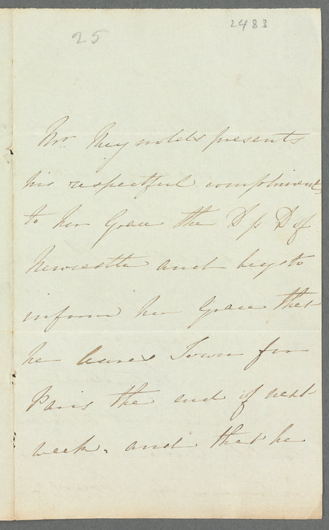 Samuel William Reynolds to Anna Maria Craufurd, Duchess of Newcastle, autograph letter third person