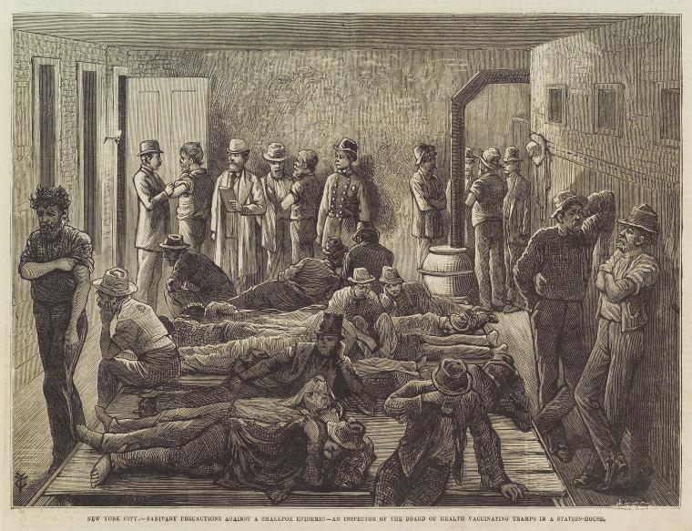 New York City—Sanitary Precautions against a Smallpox Edpidemic—An Inspector of the Board of Health Vaccinating Tramps in a Station House