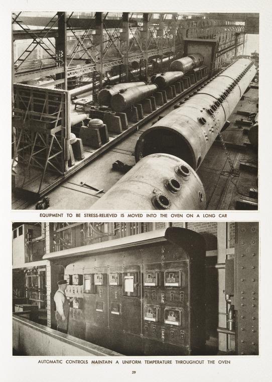 Equipment to be stress-relieved is moved into the oven on a long car ; Automatic controls maintain a uniform temperature throughout the oven.