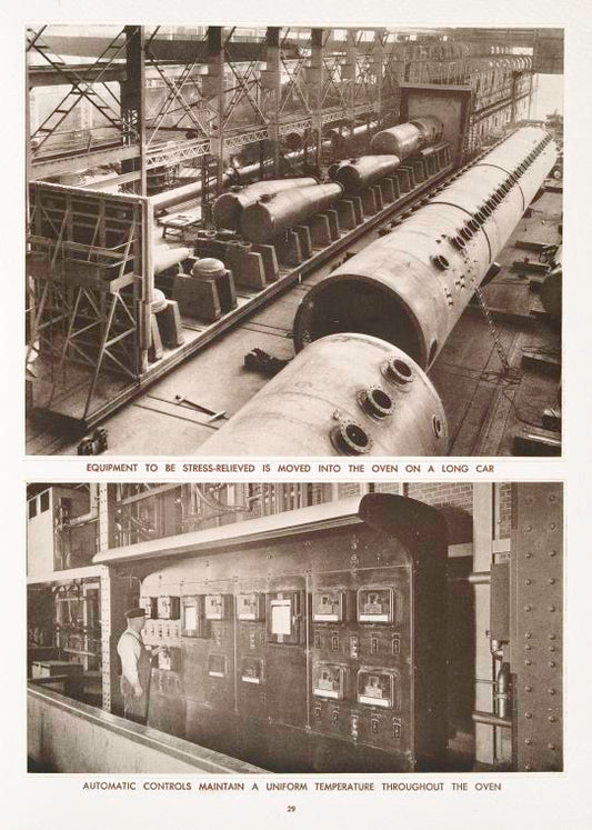 Equipment to be stress-relieved is moved into the oven on a long car ; Automatic controls maintain a uniform temperature throughout the oven.