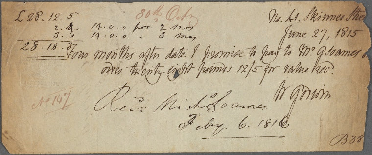 Autograph promissory note signed to George Soames, 27 June 1815