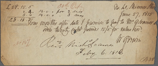 Autograph promissory note signed to George Soames, 27 June 1815