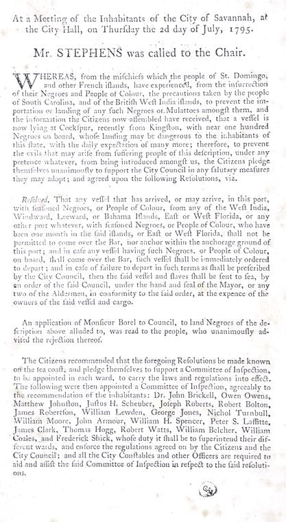 Resolution of the Savannah City Council to prevent Black people from entering the city following the Haitian Revolution.